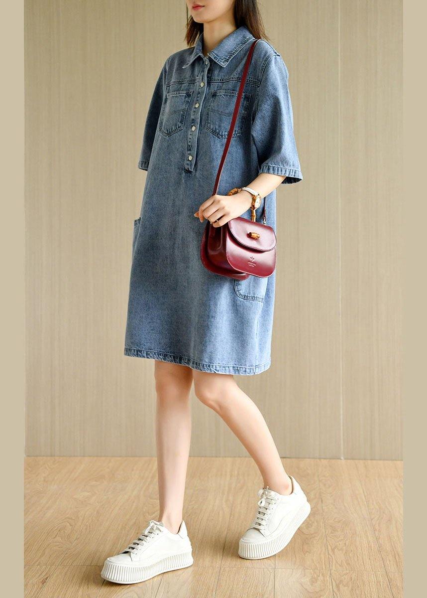 Casual Denim Blue Peter Pan Collar Pockets Summer Cotton Mid Dress Half Sleeve - SooLinen