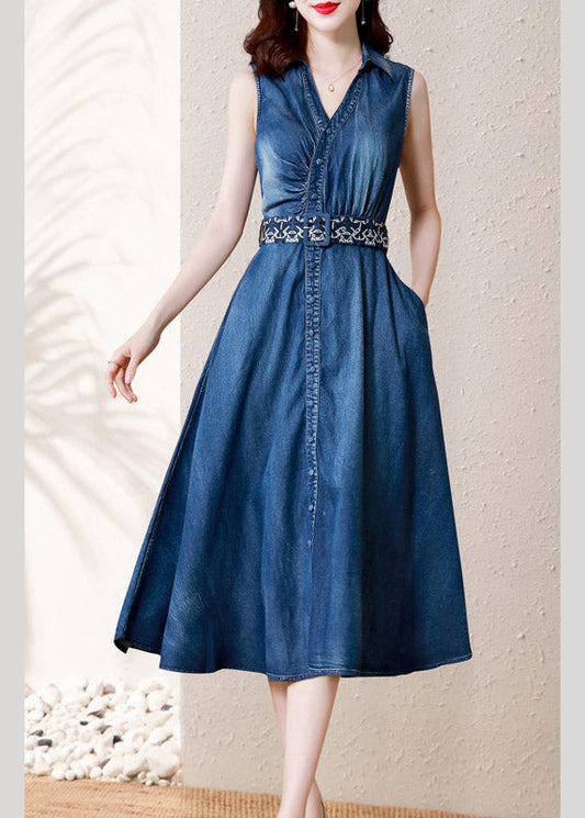 Casual Denim Blue V Neck Button Sashes Cotton Party Long Robe Summer