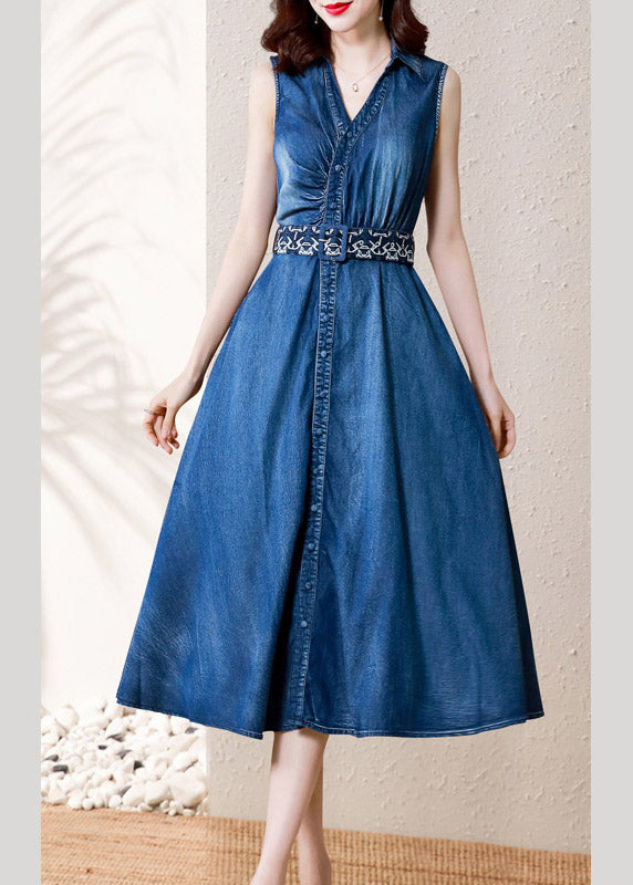 Casual Denim Blue V Neck Button Sashes Cotton Party Long Robe Summer