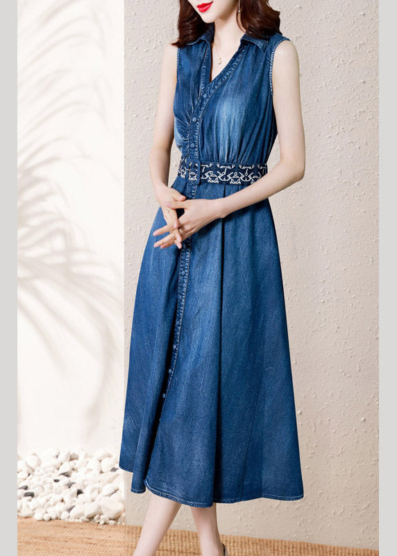 Casual Denim Blue V Neck Button Sashes Cotton Party Long Robe Summer