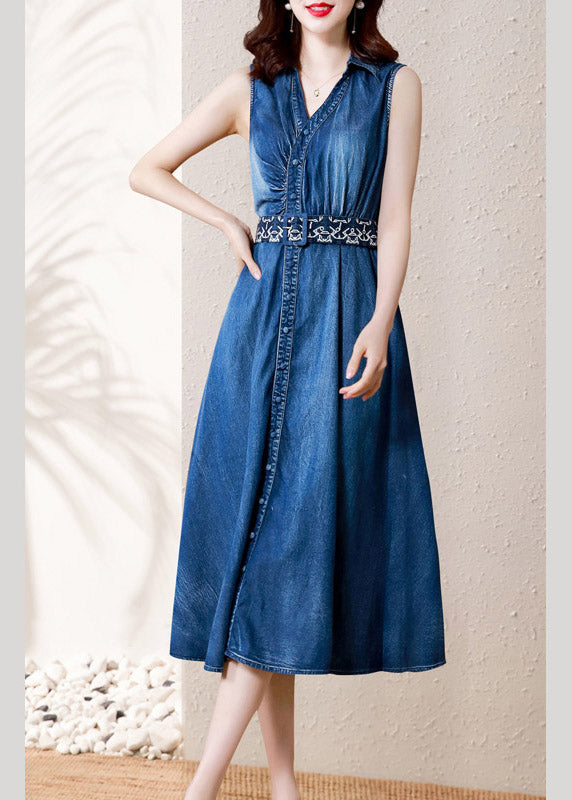 Casual Denim Blue V Neck Button Sashes Cotton Party Long Robe Summer