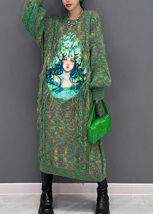 Casual Green Owck Print Imprimé de vacances en tricot chasque maxi robe hiver