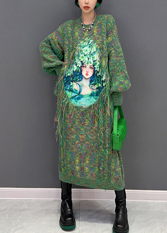 Casual Green Owck Print Imprimé de vacances en tricot chasque maxi robe hiver