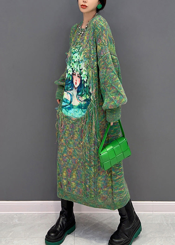 Casual Green Owck Print Imprimé de vacances en tricot chasque maxi robe hiver