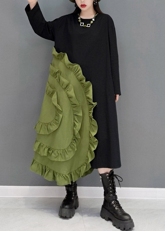 Green O-Leck Ruffles Patchwork Robes longues à manches longues