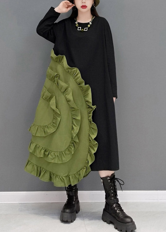 Green O-Leck Ruffles Patchwork Robes longues à manches longues