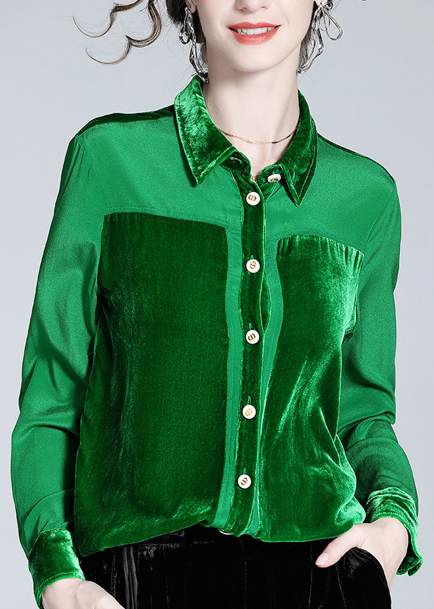 Green Perter Pan Cold Patchwork Button Shirt Silk manche longue à manches longues