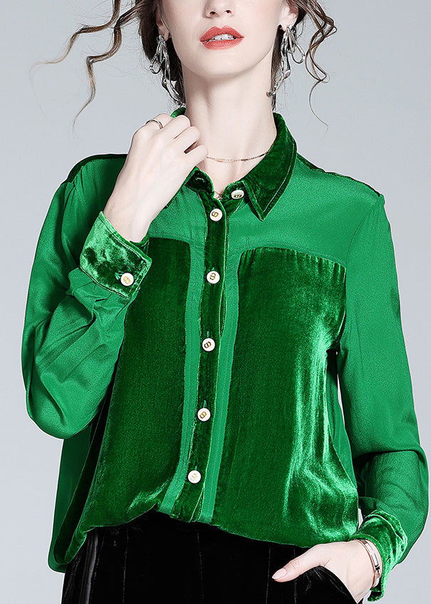 Green Perter Pan Cold Patchwork Button Shirt Silk manche longue à manches longues