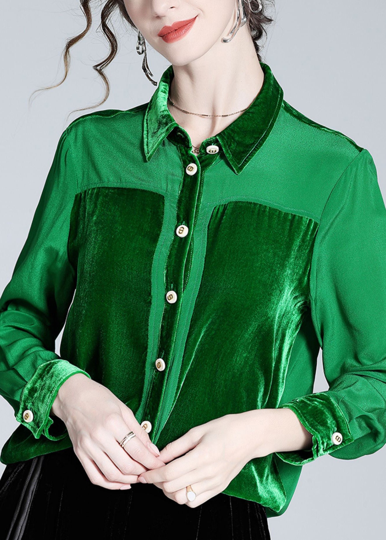 Green Perter Pan Cold Patchwork Button Shirt Silk manche longue à manches longues