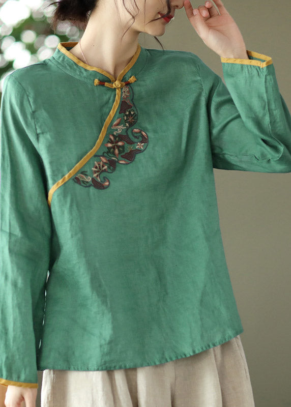 Collier de support vert décontracté chemise en lin bouton brodé à manches longues