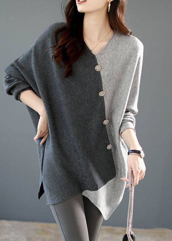 Chemise en tricot de patchwork asymétrique gris décontracté hiver