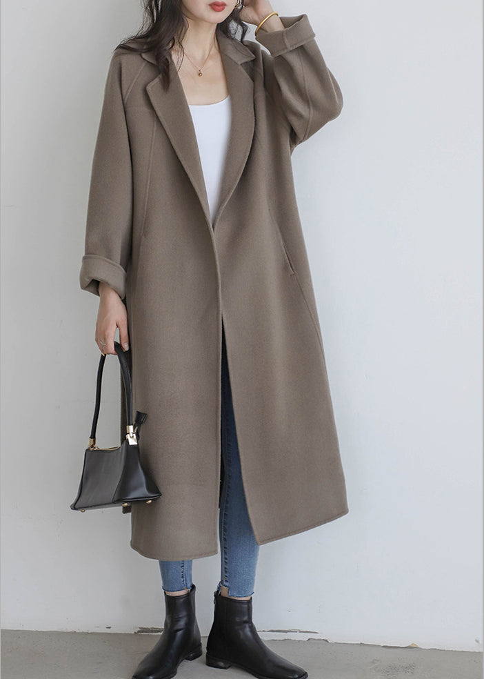 Casual Grey Coffee Colour Notched Solid Woolen Long Coats Fall