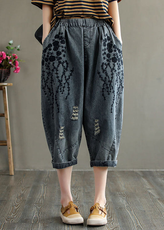 Casual Grey Embroideried Hole Pockets Cotton Denim Crop Pants Summer