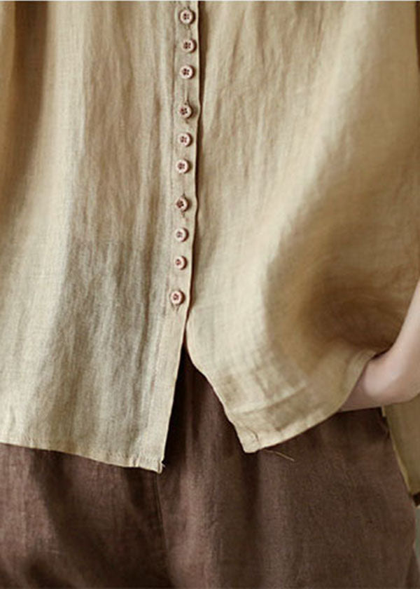 Casual Khaki Solid Button Pockets Linen Shirt Tops Half Sleeve