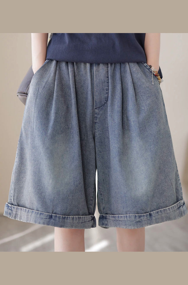 Poches bleu clair décontractées Patchwork Cotton Denim Shorts