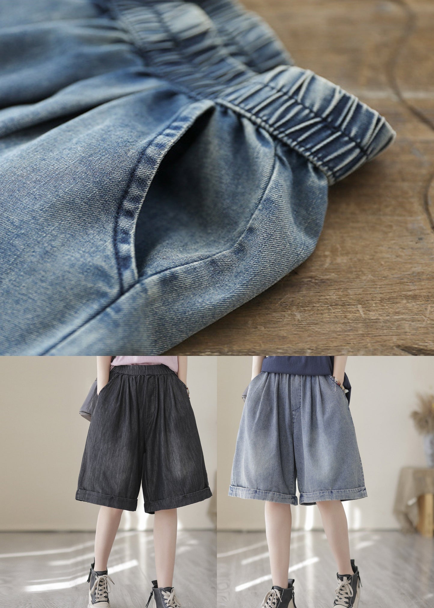 Poches bleu clair décontractées Patchwork Cotton Denim Shorts