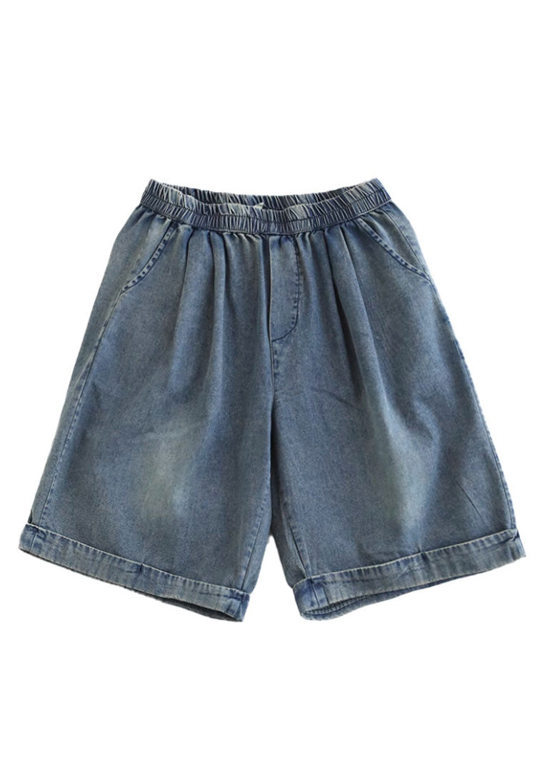 Poches bleu clair décontractées Patchwork Cotton Denim Shorts