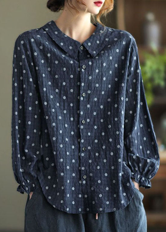 Casual Navy Button Peter Pan Collar dot Print Shirt Top lantern sleeve