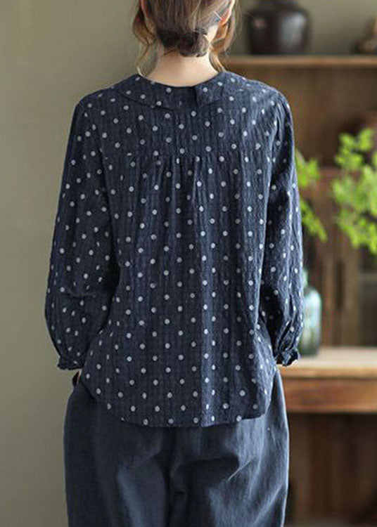 Casual Navy Button Peter Pan Collar dot Print Shirt Top lantern sleeve