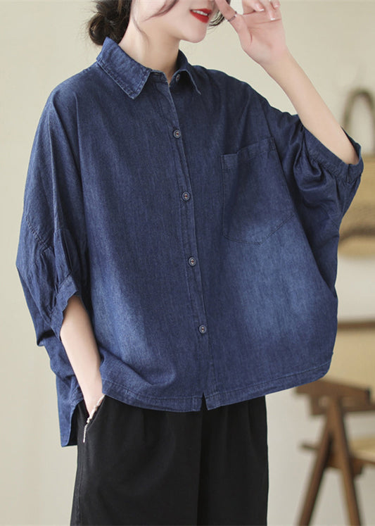 Navy décontractée surdimensionnée Blouses en denim lavé Batwing Sleeve