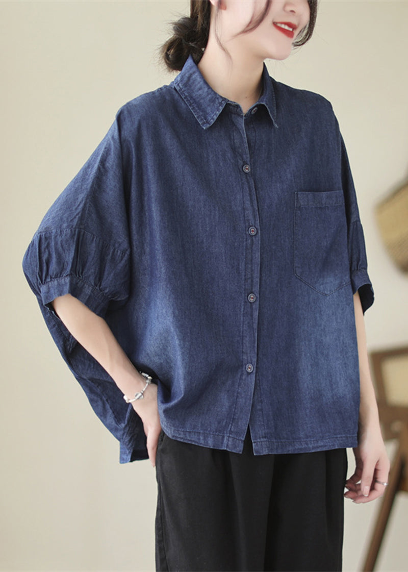 Navy décontractée surdimensionnée Blouses en denim lavé Batwing Sleeve