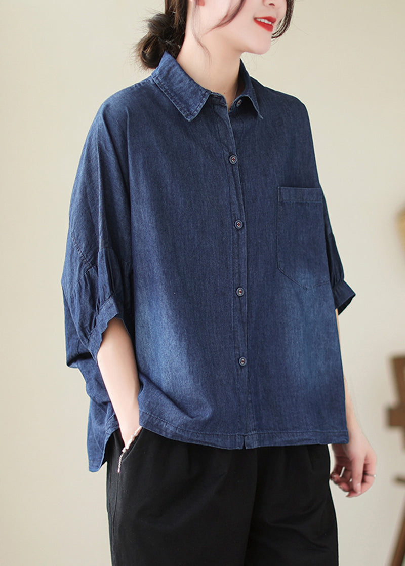 Navy décontractée surdimensionnée Blouses en denim lavé Batwing Sleeve