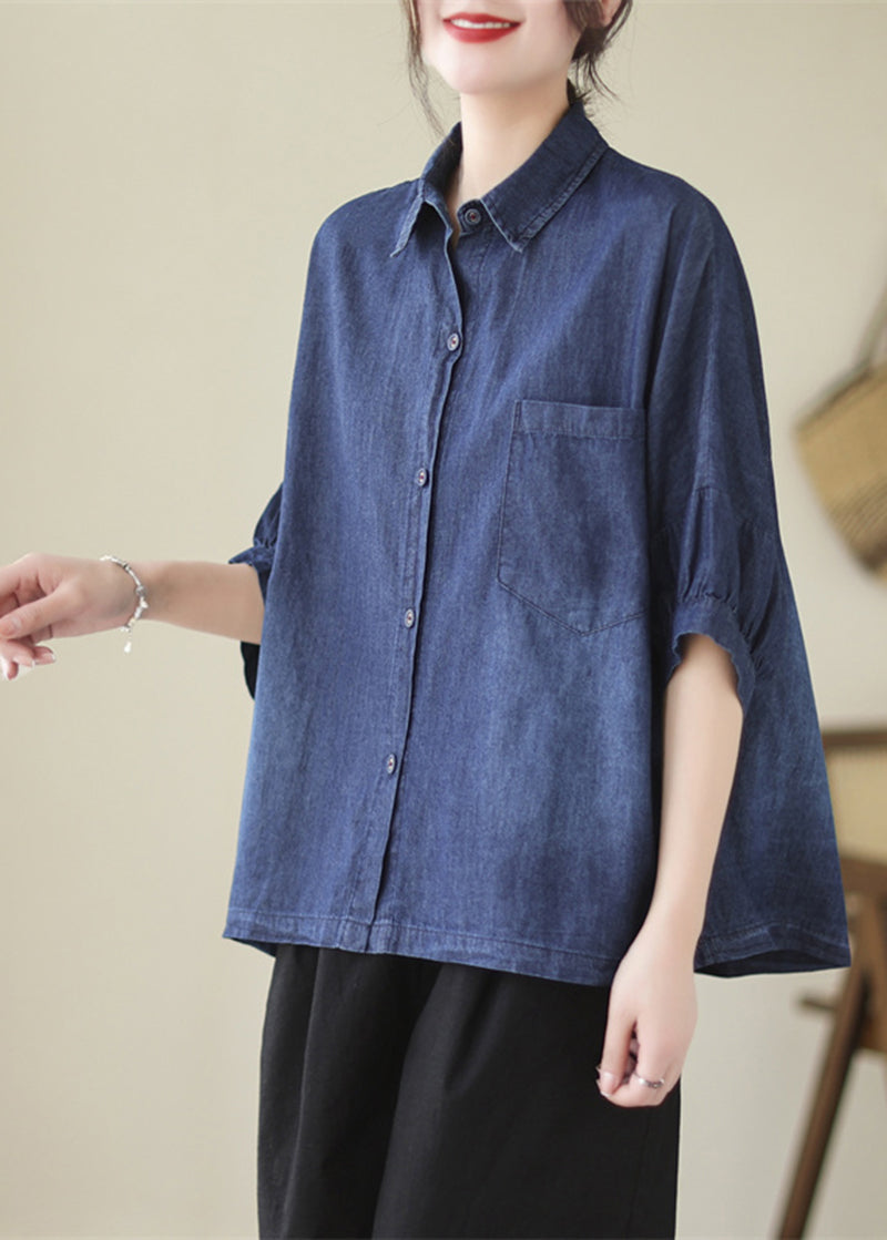 Navy décontractée surdimensionnée Blouses en denim lavé Batwing Sleeve