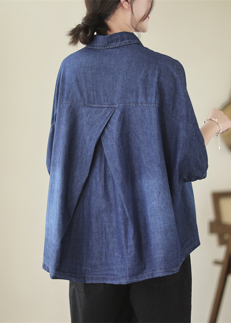 Navy décontractée surdimensionnée Blouses en denim lavé Batwing Sleeve