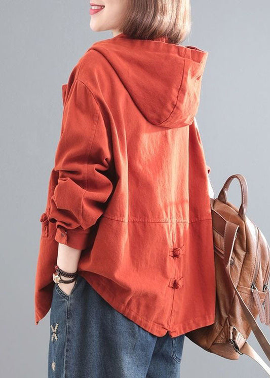 Manteau de jean à bouton chinois à capuche orange décontracté à manches longues