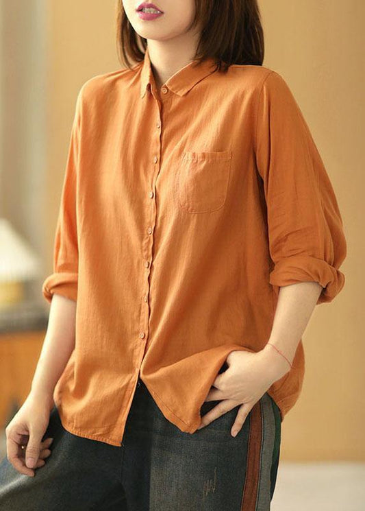 Casual Orange PeterPan Collar Button Pockets Fall Long Sleeve Blouse Top - SooLinen