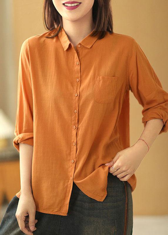 Casual Orange PeterPan Collar Button Pockets Fall Long Sleeve Blouse Top - SooLinen