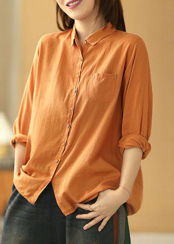 Casual Orange PeterPan Collar Button Pockets Fall Long Sleeve Blouse Top - SooLinen