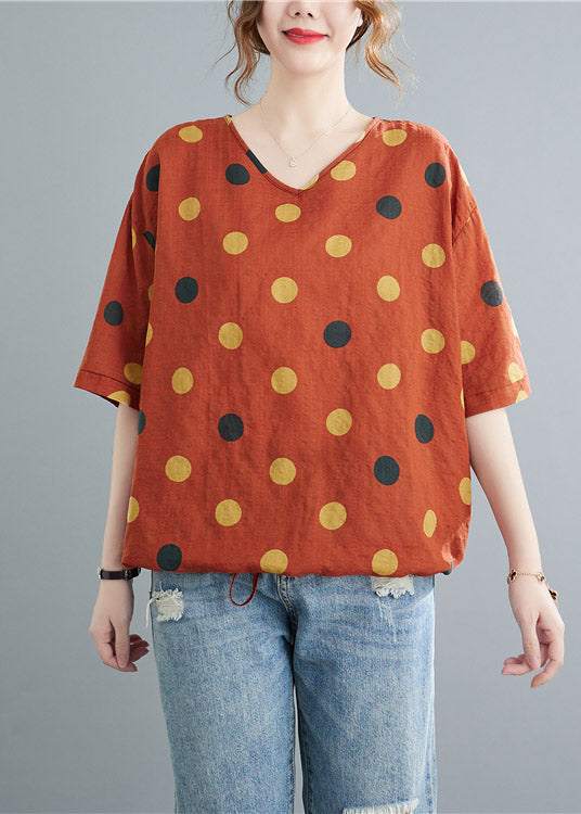 Orange V Cascy Neck Dot Trawstring lin Tops Half mancheve