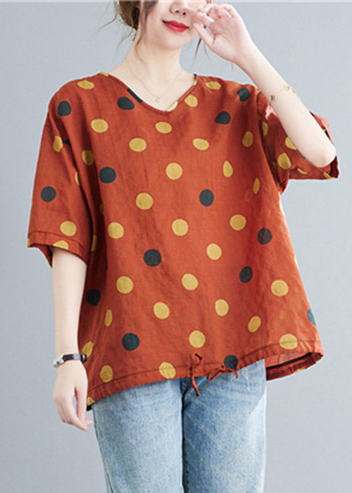 Orange V Cascy Neck Dot Trawstring lin Tops Half mancheve