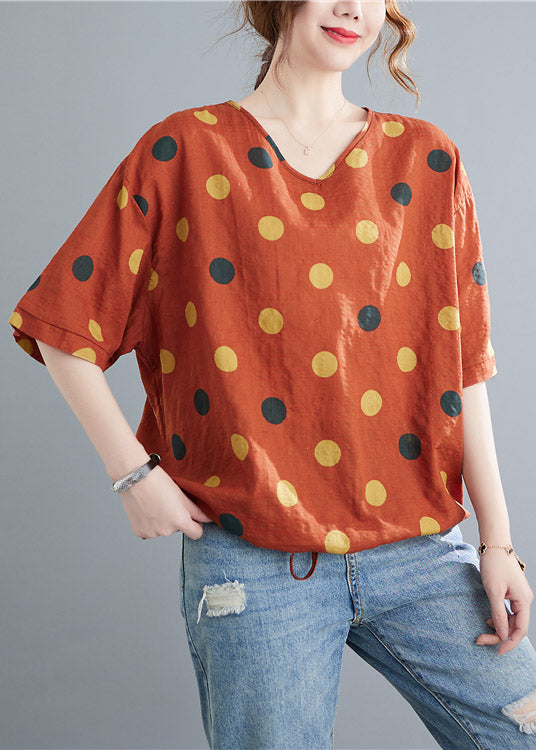 Orange V Cascy Neck Dot Trawstring lin Tops Half mancheve