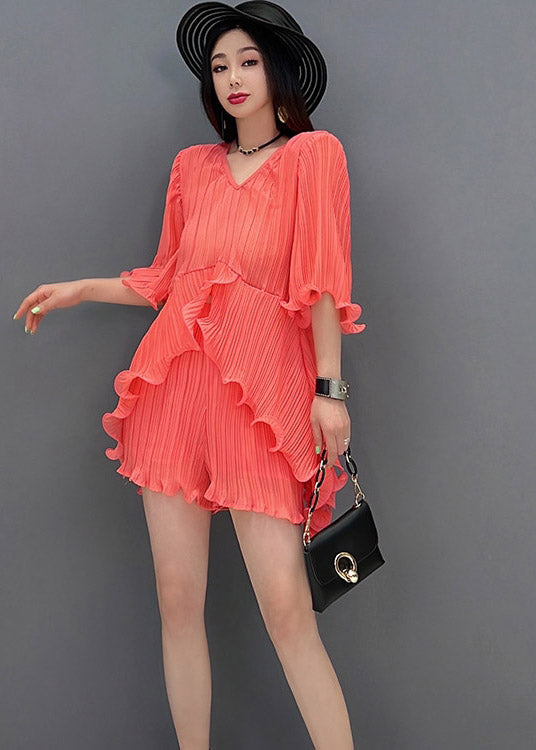 Casual Orange V Neck Silk Top And Shorts Two Pieces Set Summer