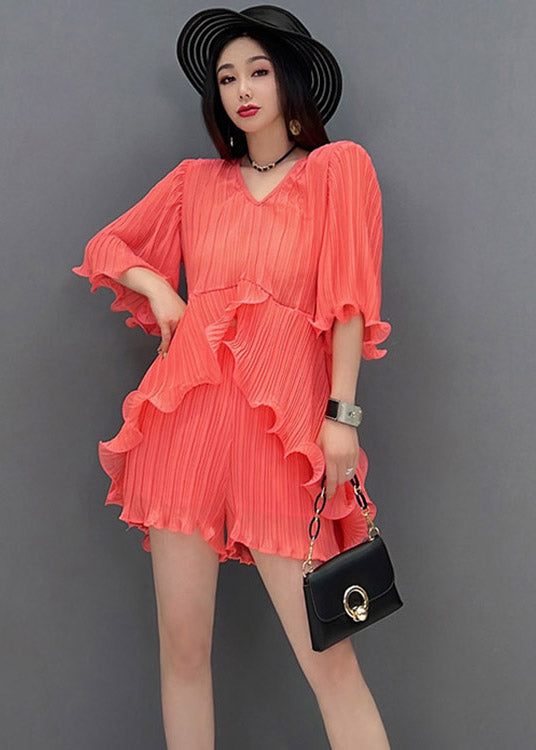 Casual Orange V Neck Silk Top And Shorts Two Pieces Set Summer