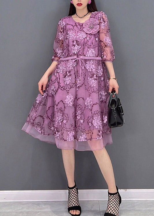 Casual Purple O-Leck Print Tie Taon Tulle Patchwork Murffon Robes de trois quarts de manche