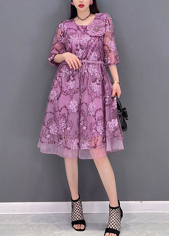 Casual Purple O-Leck Print Tie Taon Tulle Patchwork Murffon Robes de trois quarts de manche