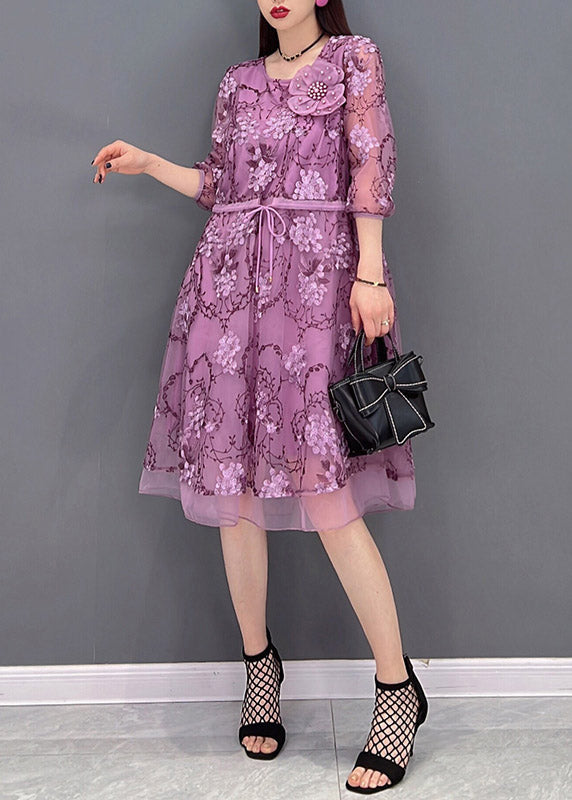 Casual Purple O-Leck Print Tie Taon Tulle Patchwork Murffon Robes de trois quarts de manche