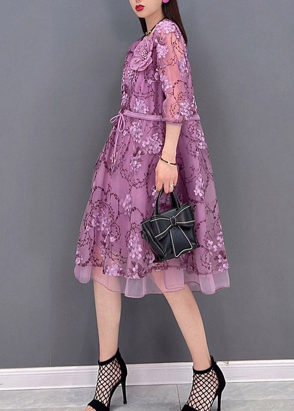 Casual Purple O-Leck Print Tie Taon Tulle Patchwork Murffon Robes de trois quarts de manche