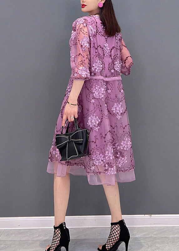 Casual Purple O-Leck Print Tie Taon Tulle Patchwork Murffon Robes de trois quarts de manche