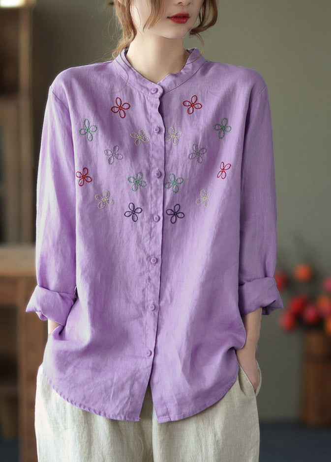 Casual Purple Stand Collar Embroideried Linen Shirt Long Sleeve