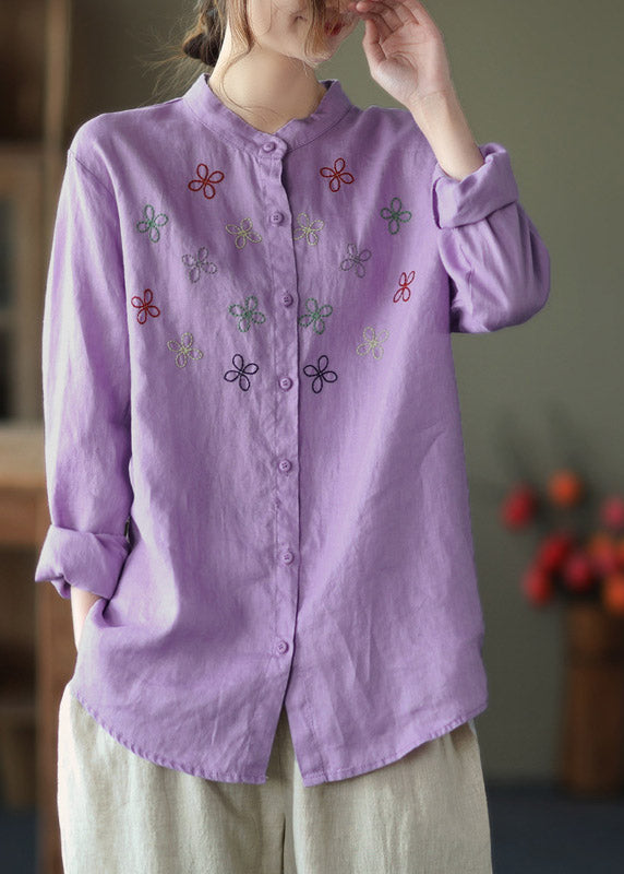 Casual Purple Stand Collar Embroideried Linen Shirt Long Sleeve