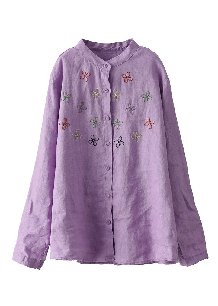 Casual Purple Stand Collar Embroideried Linen Shirt Long Sleeve