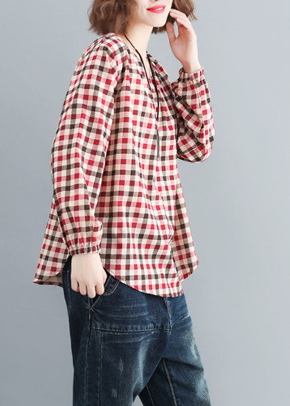 Casual Red O-Neck Plaid Cotton Loose Tops Spring