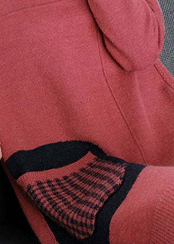 Patchwork rouge décontracté en tricot en tricot en coton Robe pull à capuchon