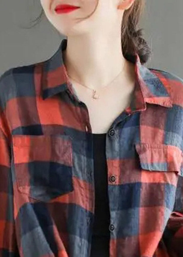 Casual Red Pockets Peter Pan Collar Plaid Button Shirt Long sleeve