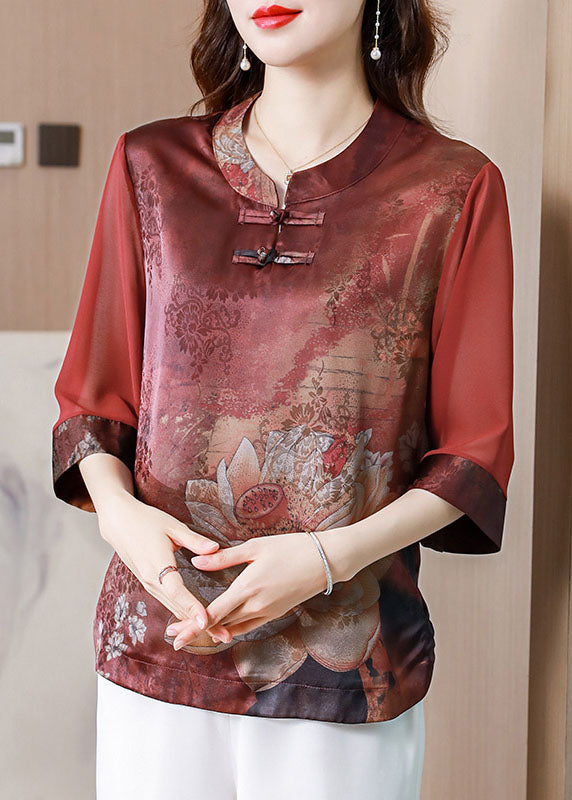 Collière de support rouge imprimé patchwork Patchwork Silk Blouses Summer