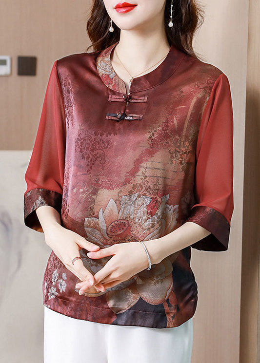 Collière de support rouge imprimé patchwork Patchwork Silk Blouses Summer